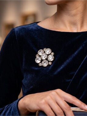 Crystal Floral Cluster Brooch in Silver Tone